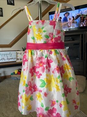 Girls' Floral Fit & Flare Dress with Pink Sash